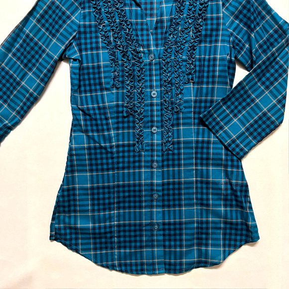 L.e.i. Blue Button Down Ruffle Plaid Top (S) - Picture 3 of 8